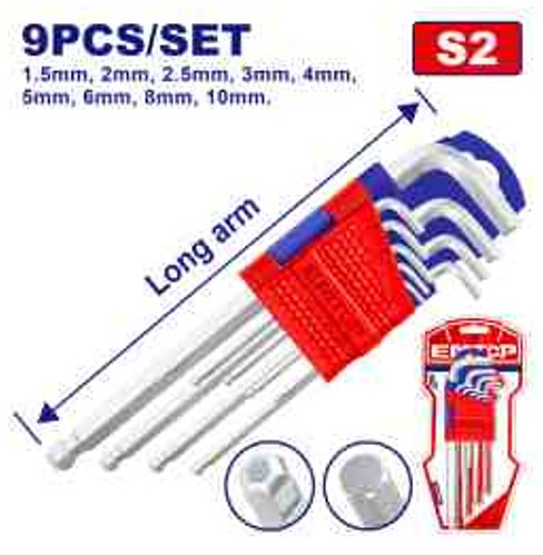 Ball Point Hex Key Set 9pcs, Cr-V, Long Arm, Chrome Plate, 1.5-10mm Sizes